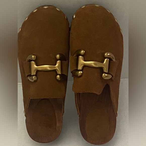 Boden Brown Suede Mules with Gold Accents - Picture 3 of 12